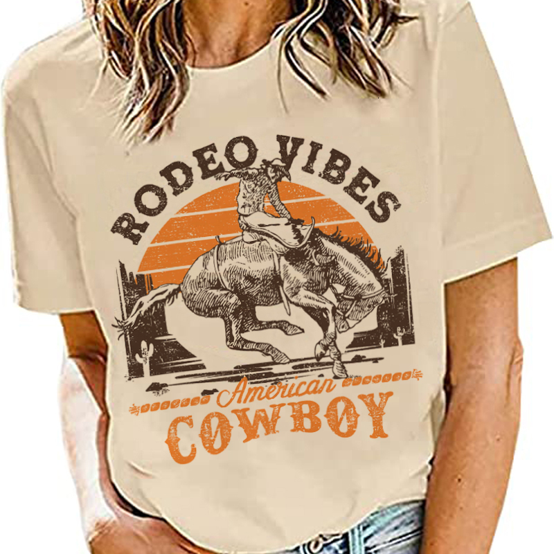 Womens TShirt Rodeo Vibes Retro Western Cowboy Tshirts Women Loose Short Sleeve Vintage Graphic TShirts Hippie T Shirt Tops Cowgirl Clothes 230321