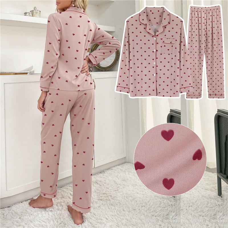 Women's Sleepwear Spring Lady Pajamas Set Heart Printed Soft Cotton Lounge Set Turn-Down Collar Long-Sleeve Trousers Sleepwear Household Wear 230