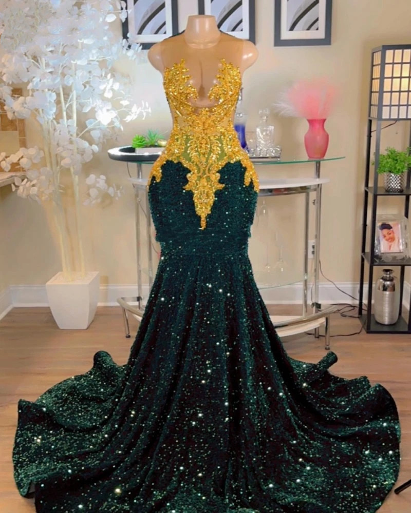 Sparkly Sequins Mermaid Green Prom Dresses For Women Gold Applique Party Gowns Long Evening Dress Vestidos De Graduacion