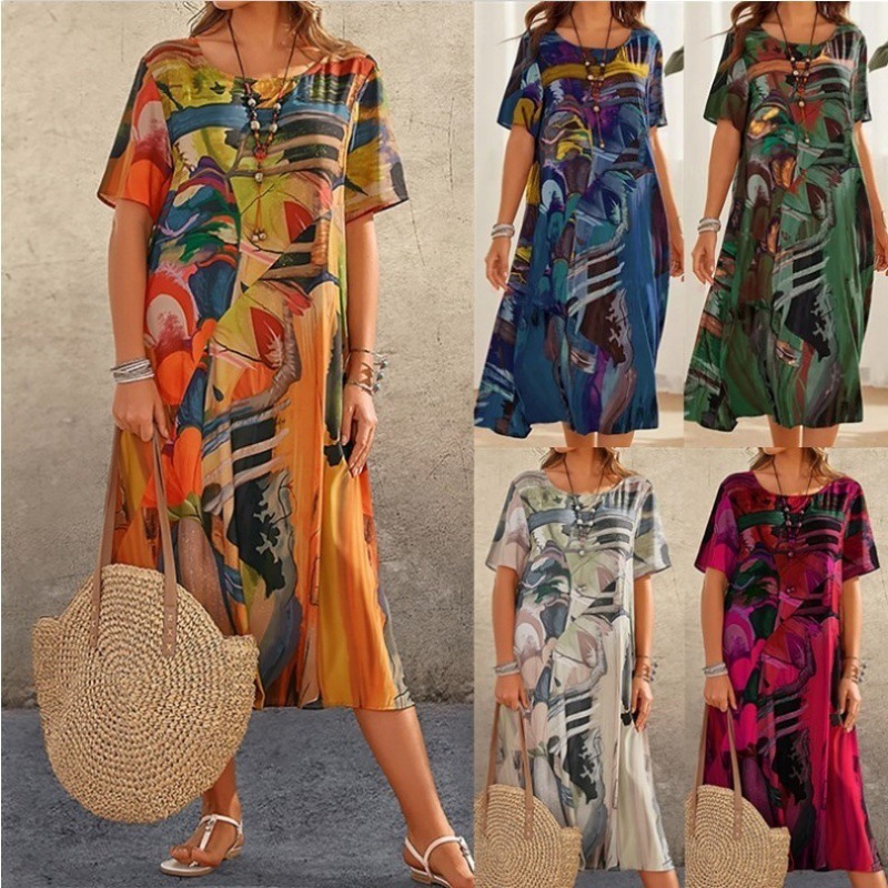 Casual Dresses Bohemian Women Short Sleeve Midi Dress Summer O-Neck Mid Waist Full Art Print Mid-calf Length Dress Female Loose Casual Vestidos 230321