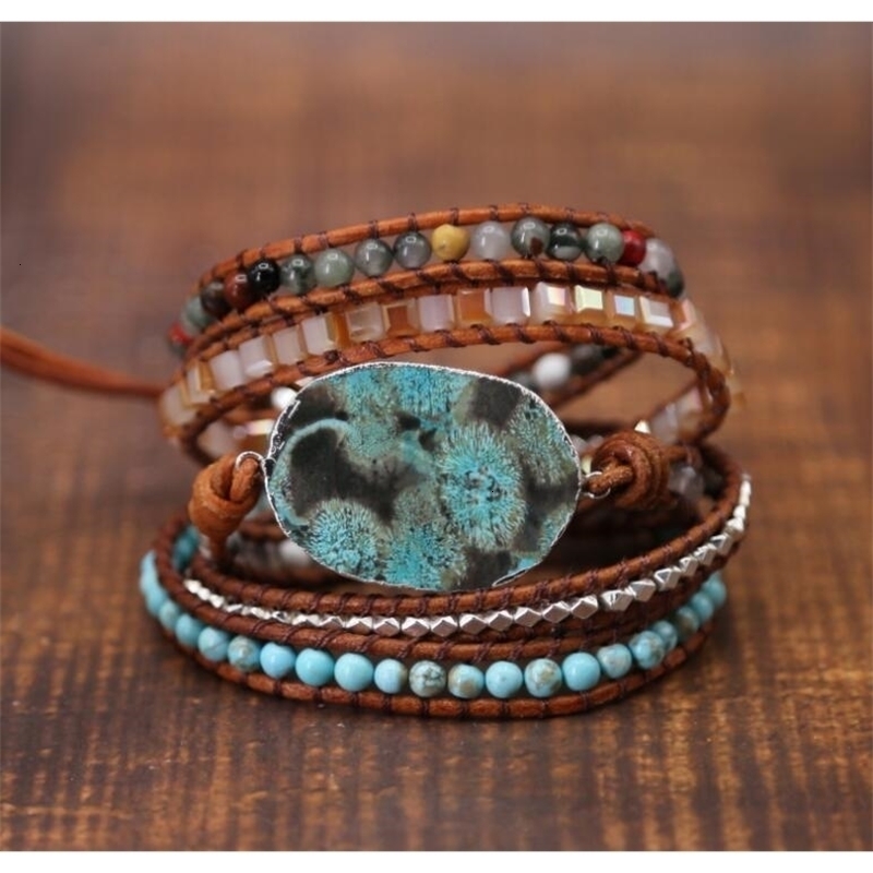 Charm Bracelets Women Leather Bracelet Unique Mixed Natural Stones Gilded Stone Charm 5 Strands Wrap Bracelets Handmade Boho Bracelet 230320