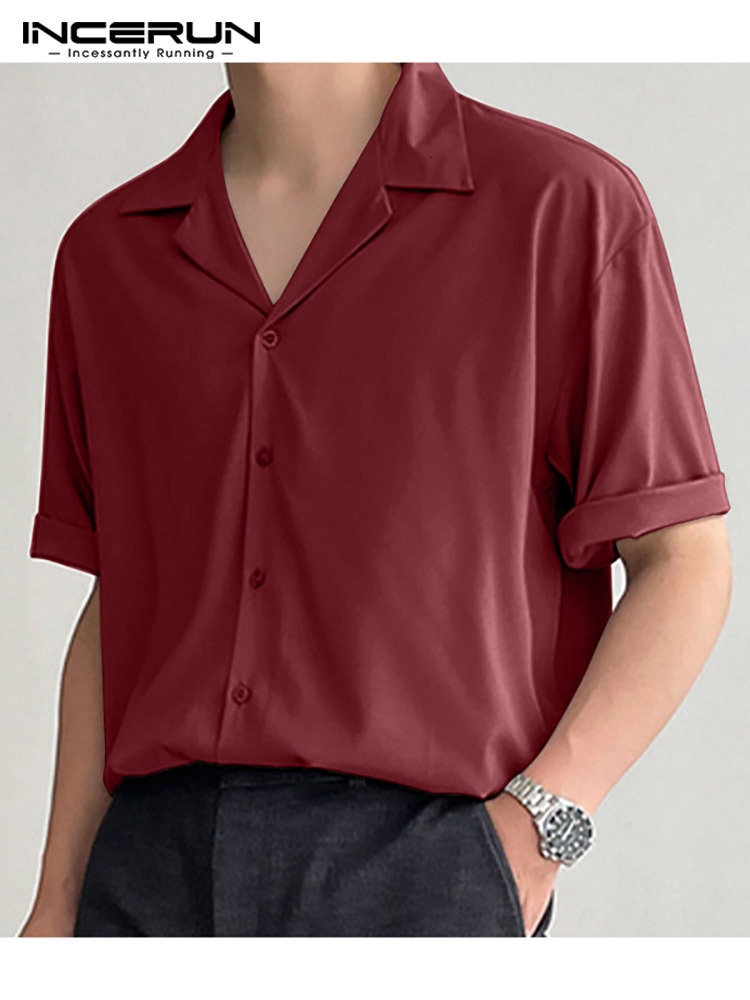 Men's Casual Shirts INCERUN Men Casual Shirt Lapel Short Sleeve Button Streetwear Summer Men Clothing Solid Color Korean Fashion Shirts S-5XL 230