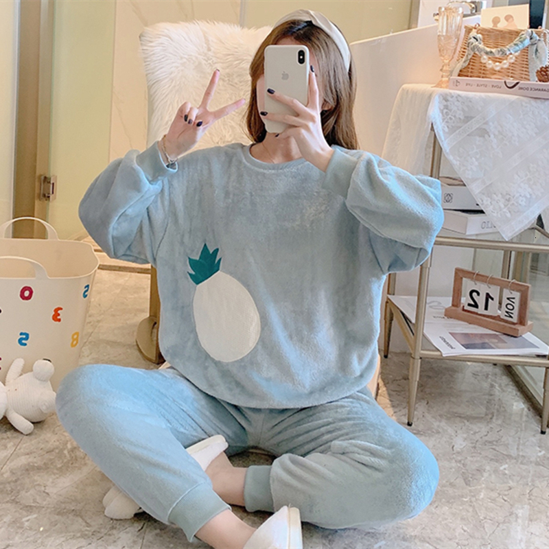 Women's Sleepwear winter Flannel Warm Pajamas Women Long Sleeve Home Suit Ladies sleepwear cartoon Velvet Pajama set Thicken Feminino Pyjamas 230