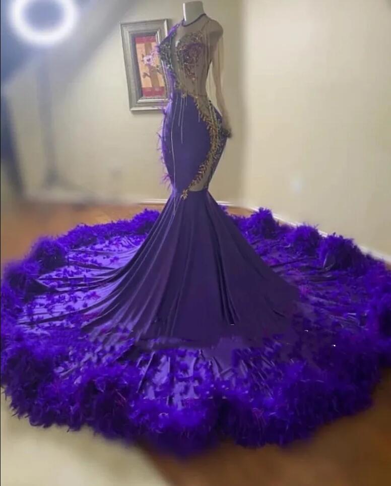 Purple Feathers Mermaid Prom Dresses Long Sleeve Sequin Applique Tassel Party Gowns Graduation Dress For Black Girls