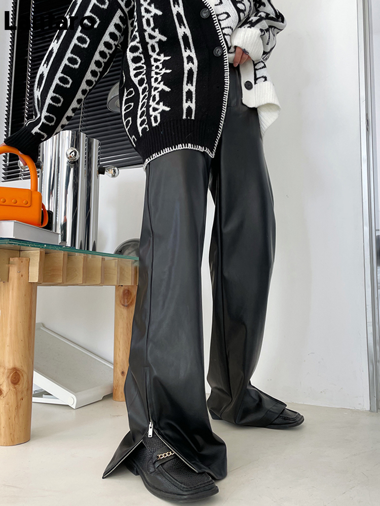 Women's Pants Capris Lautaro Spring Autumn Cool Punk Black Soft Stretchy Faux Leather Floor Length Pants Streetwear Women High Waist Fashion 2303