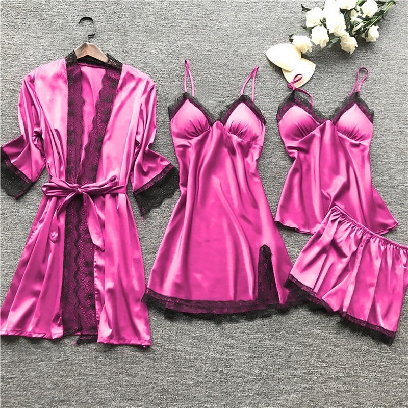 Women's Sleepwear Women Pajamas Sets Satin Sleepwear Silk 4 Pieces Nightwear Pyjama Strap Lace Sleep Lounge Pajama With Chest Pads 230321