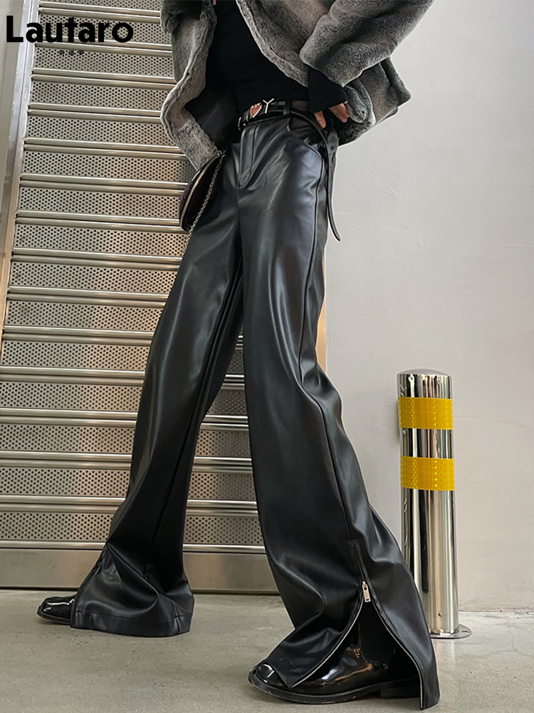 Women's Pants Capris Lautaro Spring Autumn Cool Punk Black Soft Stretchy Faux Leather Floor Length Pants Streetwear Women High Waist Fashion 2303