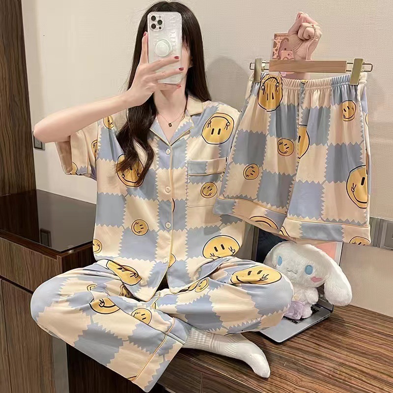 Women's Sleepwear 3pcs Summer Ladies Pajamas Printing Kawaii Clothes Short Sleeve Laple Top Loose Shorts Trousers Loungewear Suit Women Pijamas 2