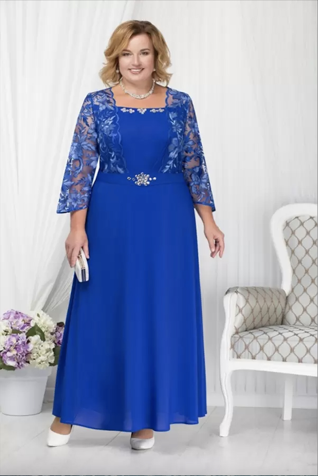Blue Plus Size Beaded Lace Mother Of The Bride Dresses Square Neck Long Sleeves Wedding Guest Dress A Line Chiffon Evening Gowns
