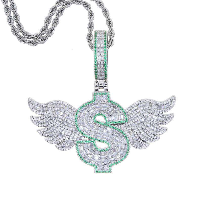 New Iced Out Bling Letter Dollar Symbol Pendant Necklace Gold Plated CZ Cubic Zirconia Wings Charm Men Women Hip Hop Jewelry