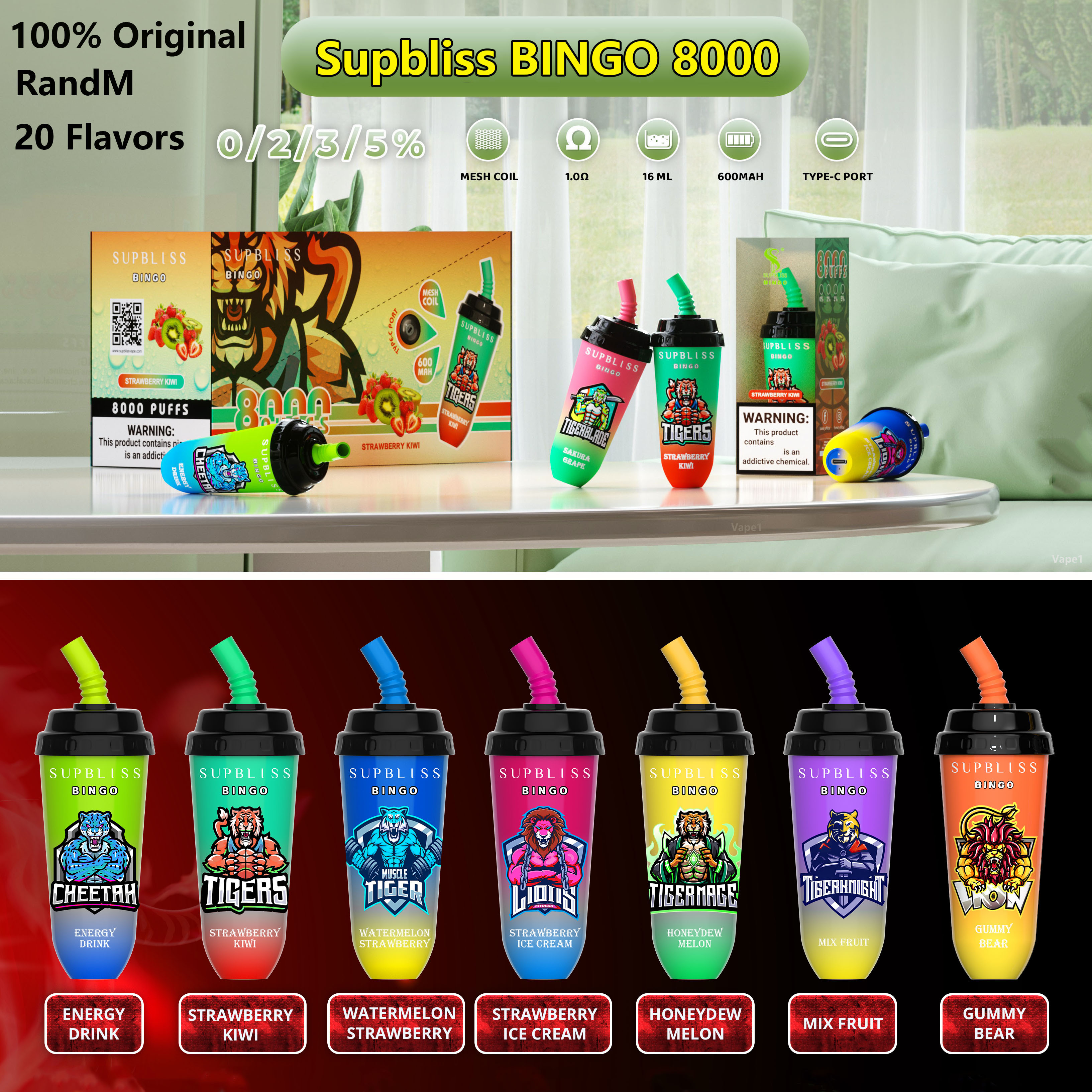 RandM Supbliss Bingo 8000 Puffs Original Disposable Vape 650mAh Rechargeable Battery Type-c Cartridges Milktea Cup Mesh Coil E Cigarettes 20 Flavors 16ml 0% 2% 3% 5% E Cigs
RandM Supbliss Bingo 8000 Puffs Original Disposable Vape 650mAh Rechargeable Battery Type-c Cartridges Milktea Cup Mesh Coil E Cigarettes 20 Flavors 16ml 0% 2% 3% 5% E Cigs