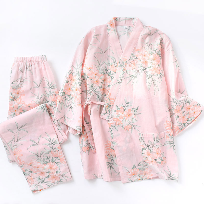 Women's Sleepwear 100% Cotton Women Sleepwear Home Clothes Ladies Half Sleeve Kimono Robe Sets Long Trousers Pajamas Suit Homewear Pijama Seda 23