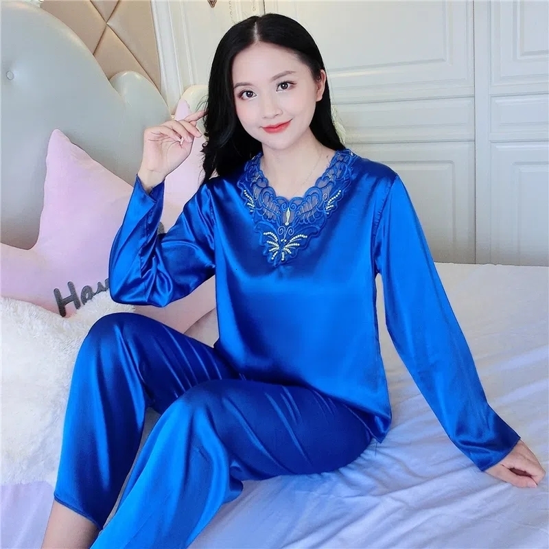 Women's Sleepwear 1311-12Women Pajamas Turndown Collar Pocket Long Sleeve Casual Pants 2 Piece Set Sleepwear Female Home Suit Sets Nightwear 2303