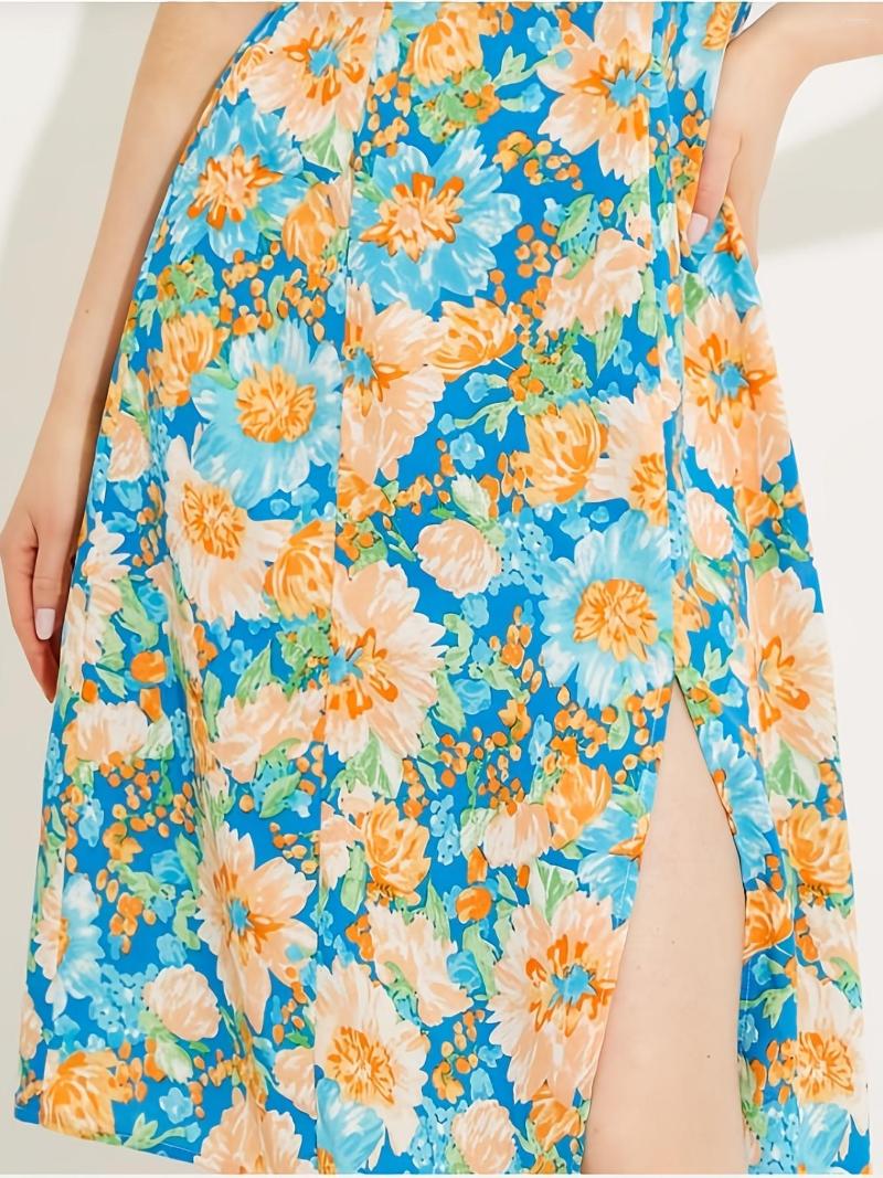 Casual Dresses Suspender Slit Split Elegant Ditsy Floral Print Dress Slim Temperament Mid-Length Women's Clothing
