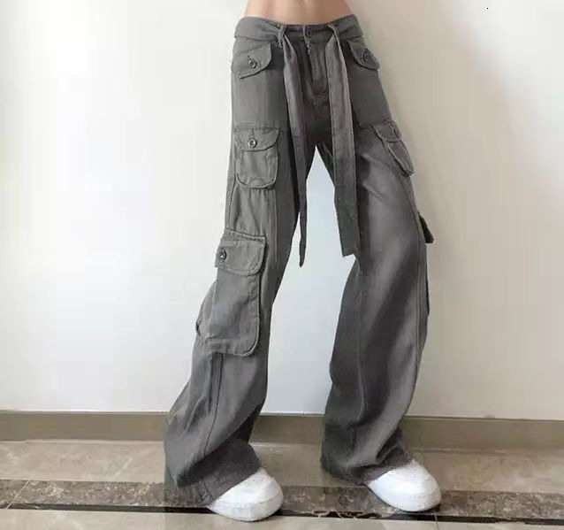 Women's Pants Capris Retro gray overalls wide leg cargo women pants women's trousers sexy low waist loose casual trousers vintage streetwear