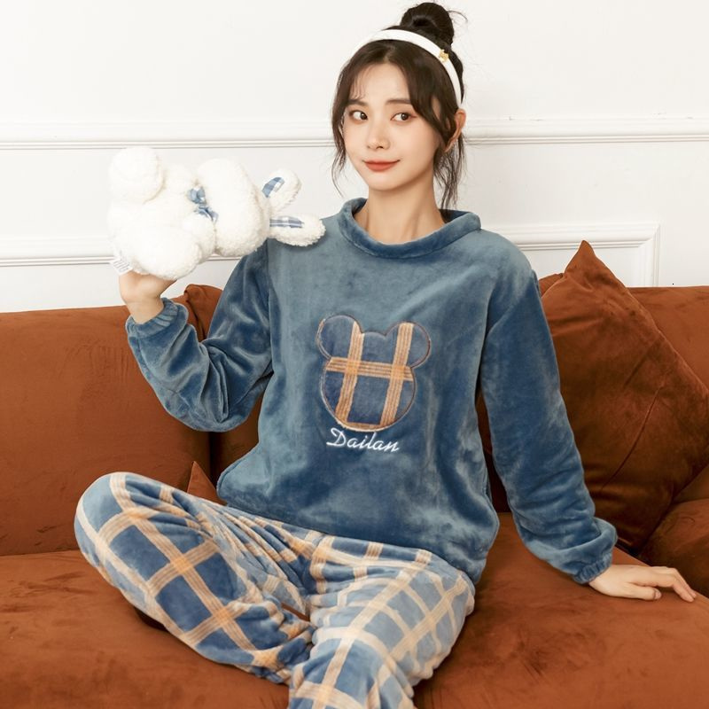 Women's Sleepwear Winter Pajamas Set Casual Cartoon Full Sleepwear For Women Warm Thick Pyjama Women's Flannel Fashion Homewear Clothes Plus