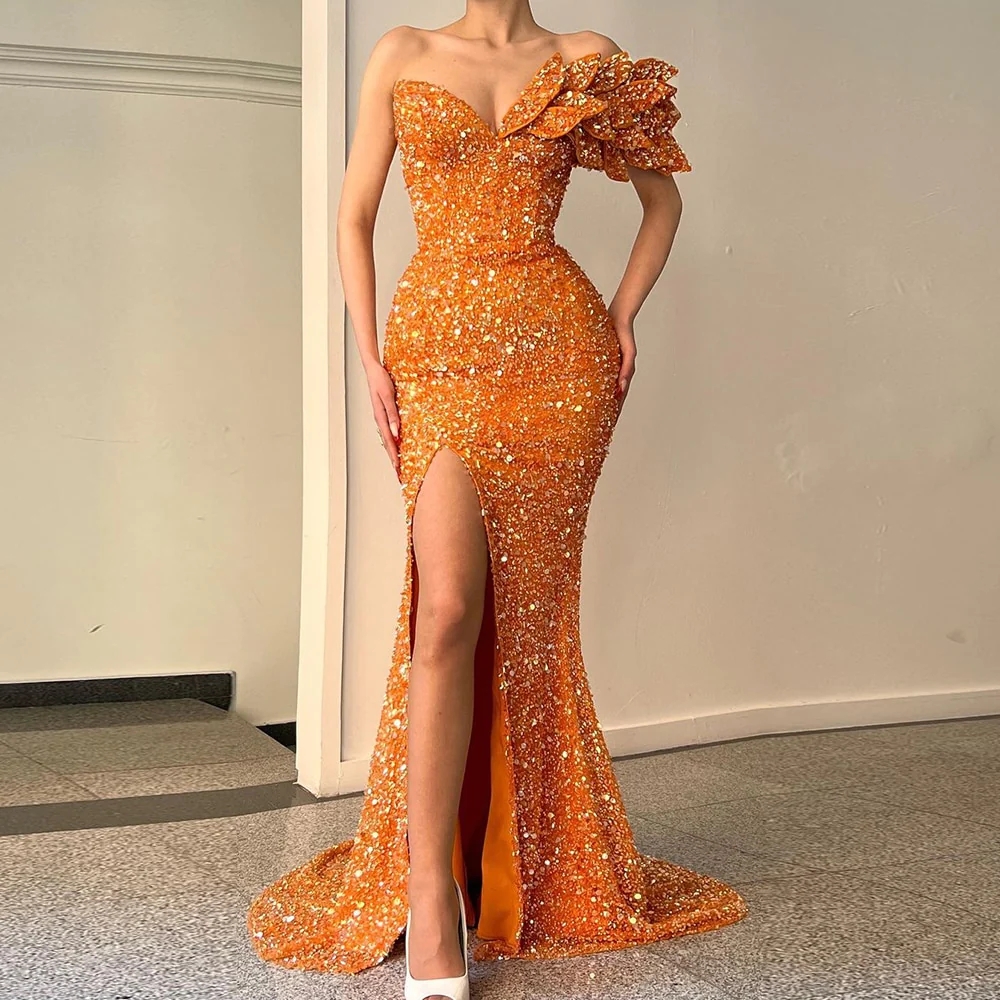 Formal Occasion Orange Sequin Prom Dress With Slit 2023 One Shoulder Mermaid Evening Party Gowns Ladies Birthday Dance Wear Femme vestidos de fiesta G