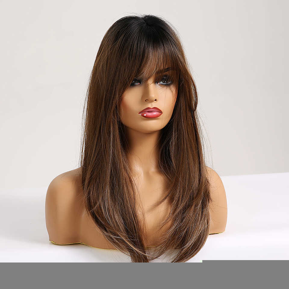 Synthetic Wigs Easihair Long Straight Wigs with Bangs Black to Brown Ombre Synthetic for Women Daily Natural Hair Heat Resistant 230227