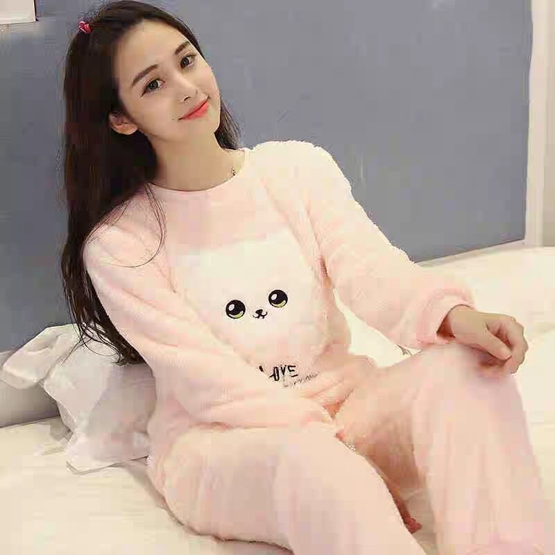 Women's Sleepwear Autumn Winter Warm Flannel Women Pyjamas Sets Thick Coral Velvet Long Sleeve Cartoon Sleepwear Flannel Pajamas Set Girl 230321