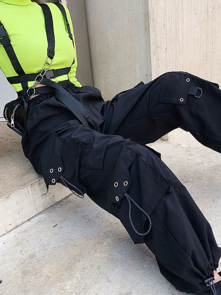 Women's Pants Capris QWEEK Gothic Cargo Pants Women Korean Fashion Spring Harajuku Streetwear Oversized High Waisted Loose Trousers Female Goth 2