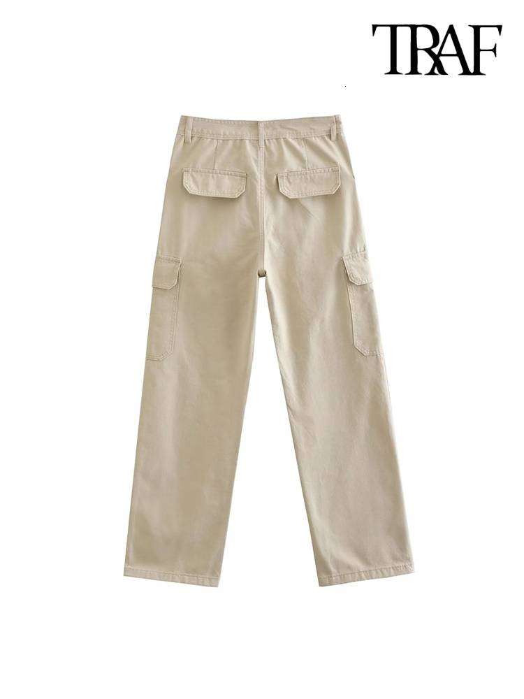 Women's Pants Capris TRAF Women Fashion With Side Patch Pockets Straight Cargo Pants Vintage High Waist Zipper Fly Female Trousers Mujer 230321