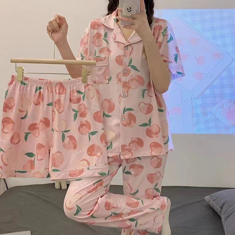 Women's Sleepwear 3pcs Summer Ladies Pajamas Printing Kawaii Clothes Short Sleeve Laple Top Loose Shorts Trousers Loungewear Suit Women Pijamas 2