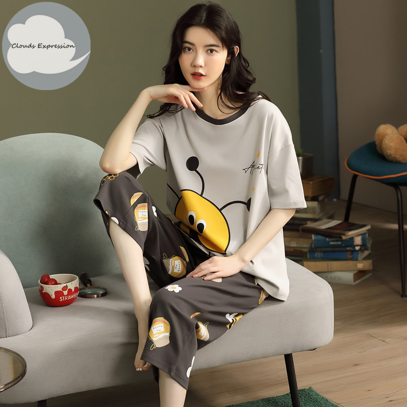 Women's Sleepwear Summer Knitted Cotton Cartoon Pajamas Sets Women Pyjamas Sleepwear Nightwear Pijama Mujer Plus Size Calf-Length Pants Homewear 