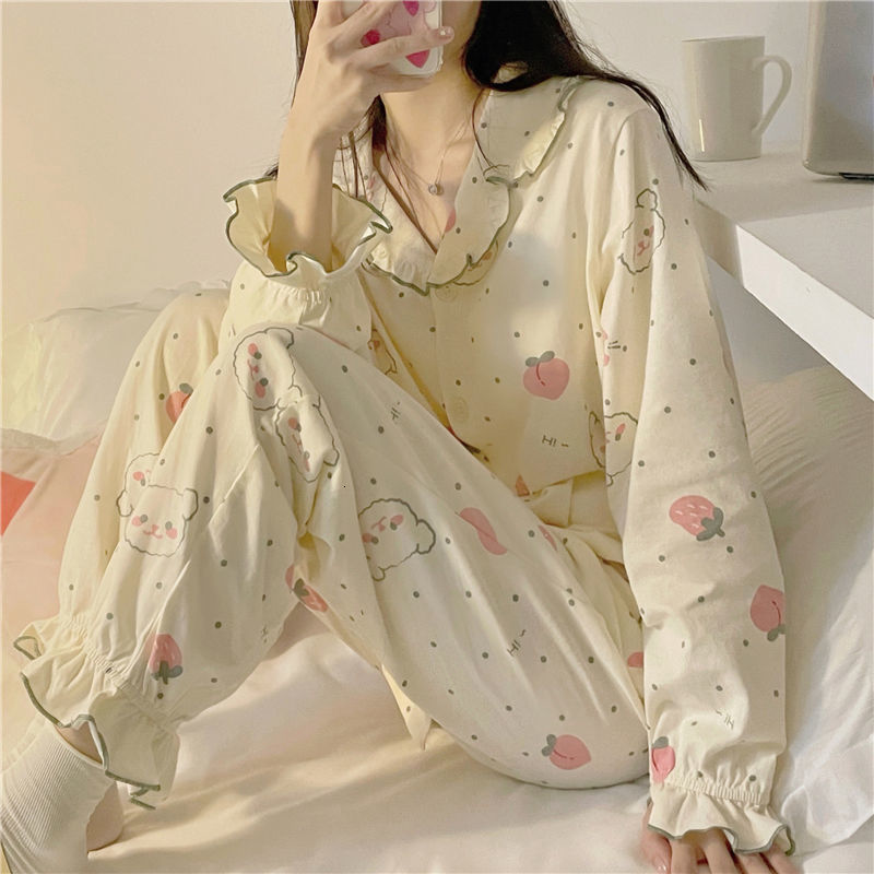 Women's Sleepwear Women Printing Pajama Sets Ruffles Sweet Long Sleeve Turn Down Collar Sleepwear Lounge Spring Cute Cartoon Pyjamas 2 Pcs Kawaii