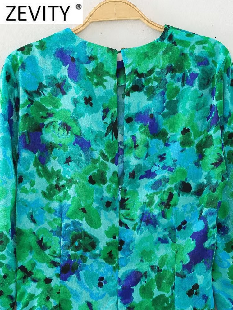 Casual Dresses Zevity Women Elegant Ink Floral Print Pleat Drawstring Split Midi Dress Female Chic O Neck Back Zipper Vestidos DS3415 230321