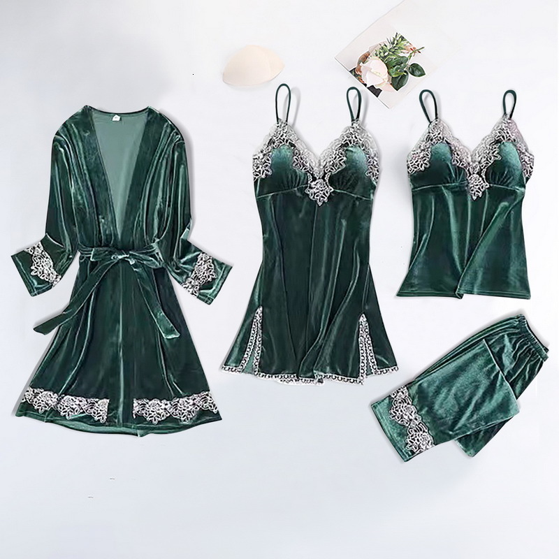 Women's Sleepwear Sexy Velour 4PCS Robe Set Autumn Winter Lace Strap Nighty Kimono Gown Women Long Sleeve Sleepwear Casual Home Wear Nightwear 23