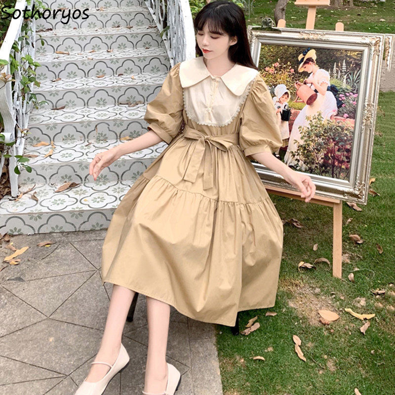 Casual Dresses Women Short Sleeve Dress Patchwork Peter Pan Collar Bow Girls Sweet Kawaii Dresses Students Korean Style High Waist Loose Trendy 230321