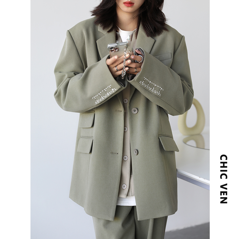 Women's Suits Blazers CHICVEN Women Office Lady Blazer Cuff Embroidery Wide Shoulder Twill Suit Autumn Ladies Outerwear Stylish Tops 230321