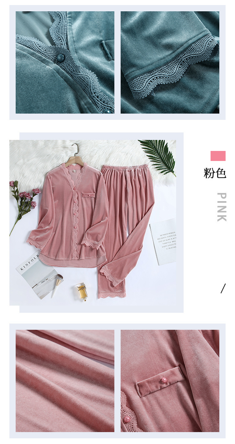 Women's Sleepwear Fdfklak 2Pcs Gold Velvet Pajamas Set For Women Warm Pyjama Sexy V-Neck Lace Homewear Autumn Winter Pijamas Long Pant 230321