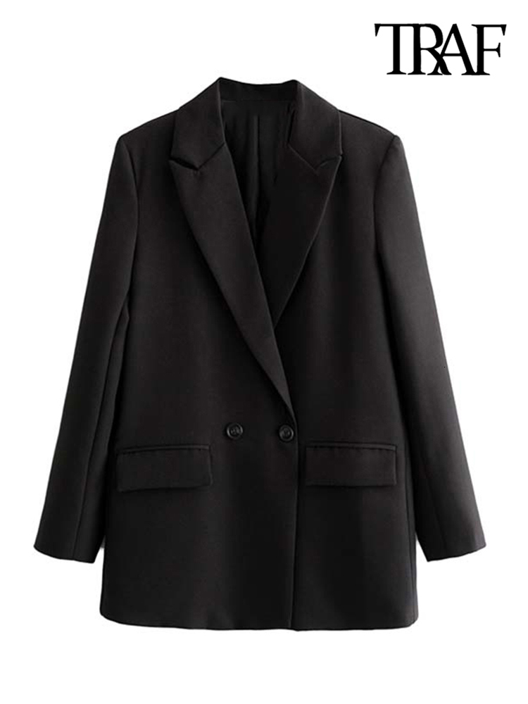 Women's Suits Blazers TRAF Women Chic Office Lady Double Breasted Blazer Vintage Coat Fashion Notched Collar Long Sleeve Ladies Outerwear Stylish