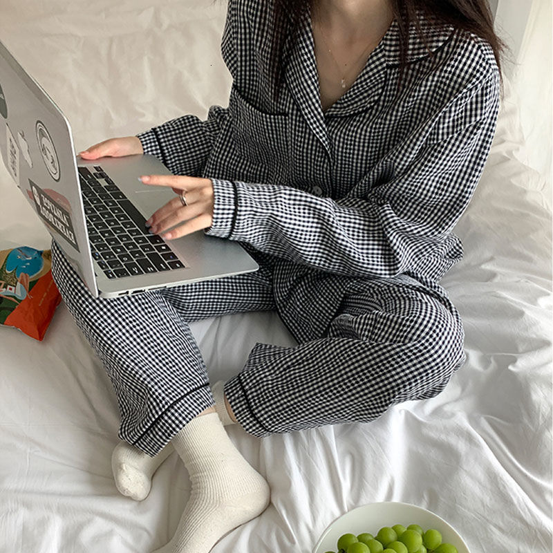 Women's Sleepwear Elegant Plaid Pajama Sets Women Simple Single Breasted Ins Homewear Nighty Soft Tender Harajuku Gentle Nightwear Casual 230321