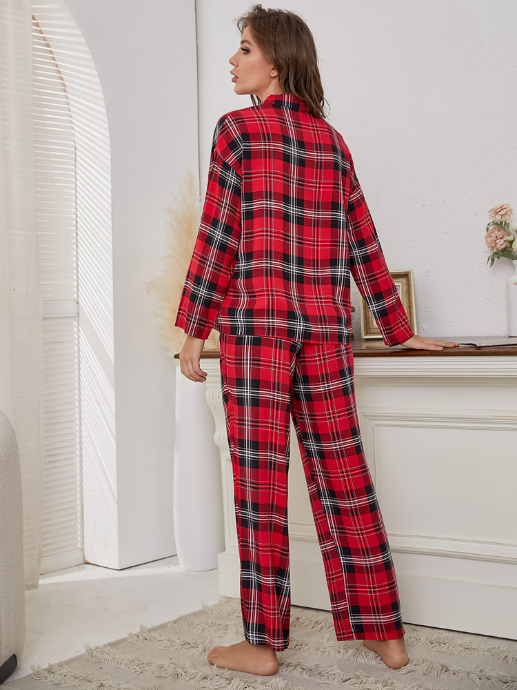 Women's Sleepwear Red Plaid Women's Pajamas 2 Pieces Sleepwear Tops Pants Autumn Winter Pijamas HomeWear Clothes Front Button With Chest Poc
