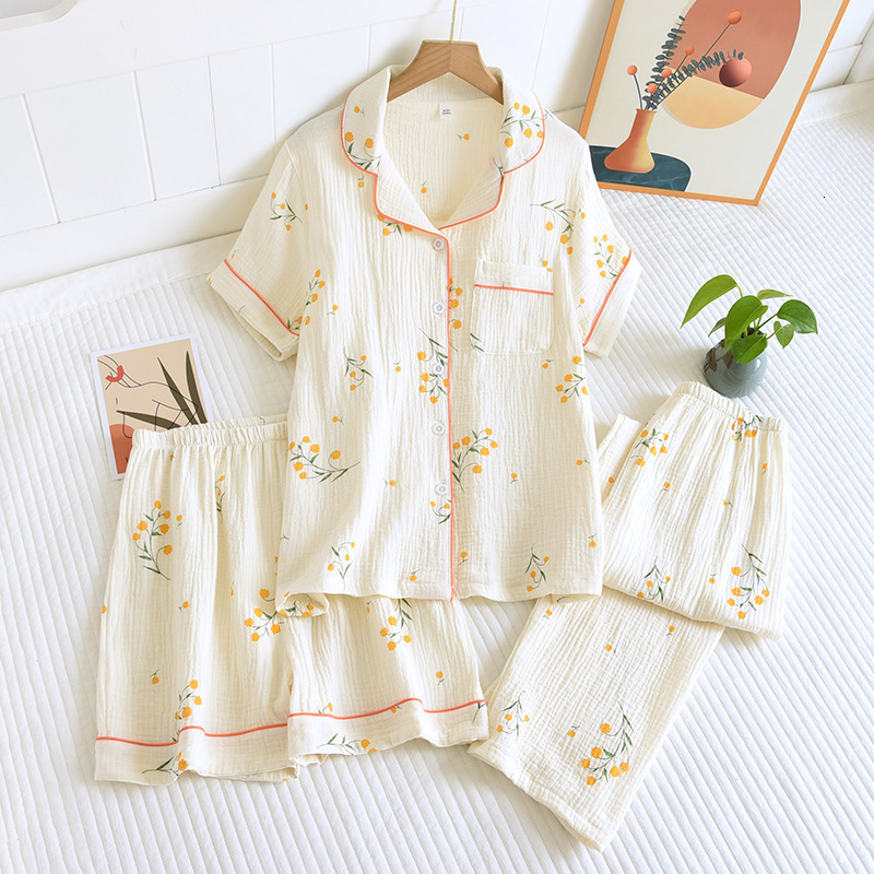 Women's Sleepwear summer women's cotton crepe three-piece short sleeve shorts trousers large size simple flower pajamas home service suit 23