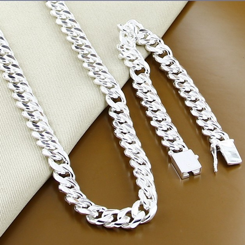 Earrings Necklace High Quality Men Jewelry 925 Sterling Silver Sets 10MM 20''24'' 50cm 60cm Link Chain Necklace Bracelet Sets For 