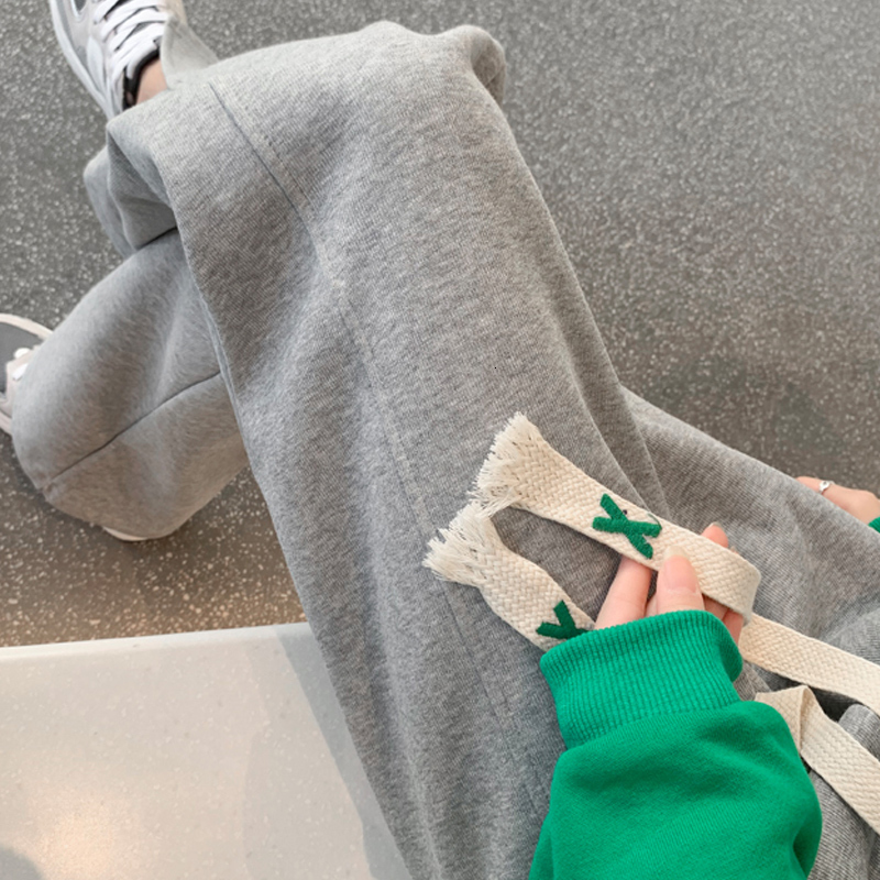 Women's Pants Capris Gray sports wide-leg pants women's spring autumn mopping high-waisted straight-leg lazy slit casual flared pants 230321