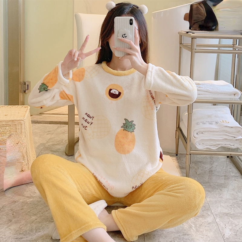 Women's Sleepwear winter Flannel Warm Pajamas Women Long Sleeve Home Suit Ladies sleepwear cartoon Velvet Pajama set Thicken Feminino Pyjamas 230
