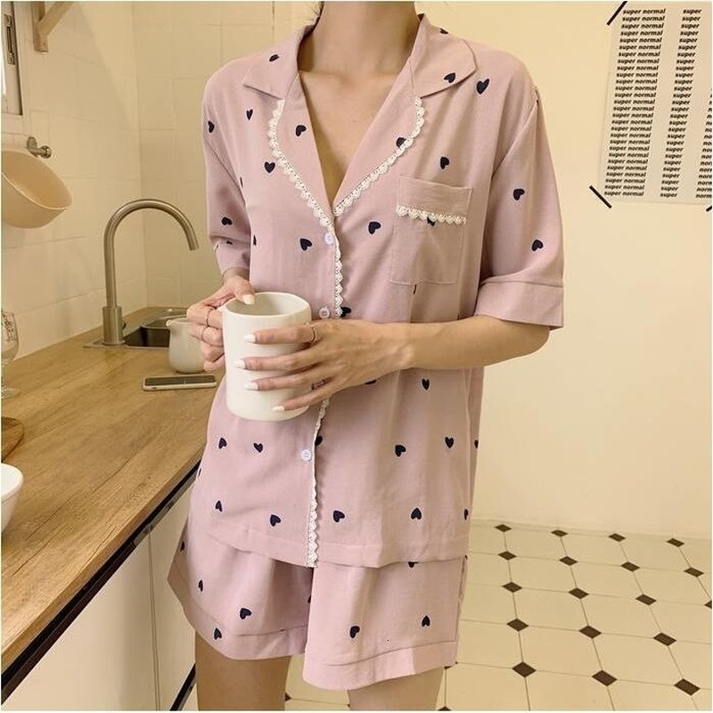 Women's Sleepwear QWEEK Pajamas for Women Home Clothes Pijamas Ladies Heart Print Nightie Lounge Wear Sexy Sleepwear Two Piece Set Pyjamas Summer