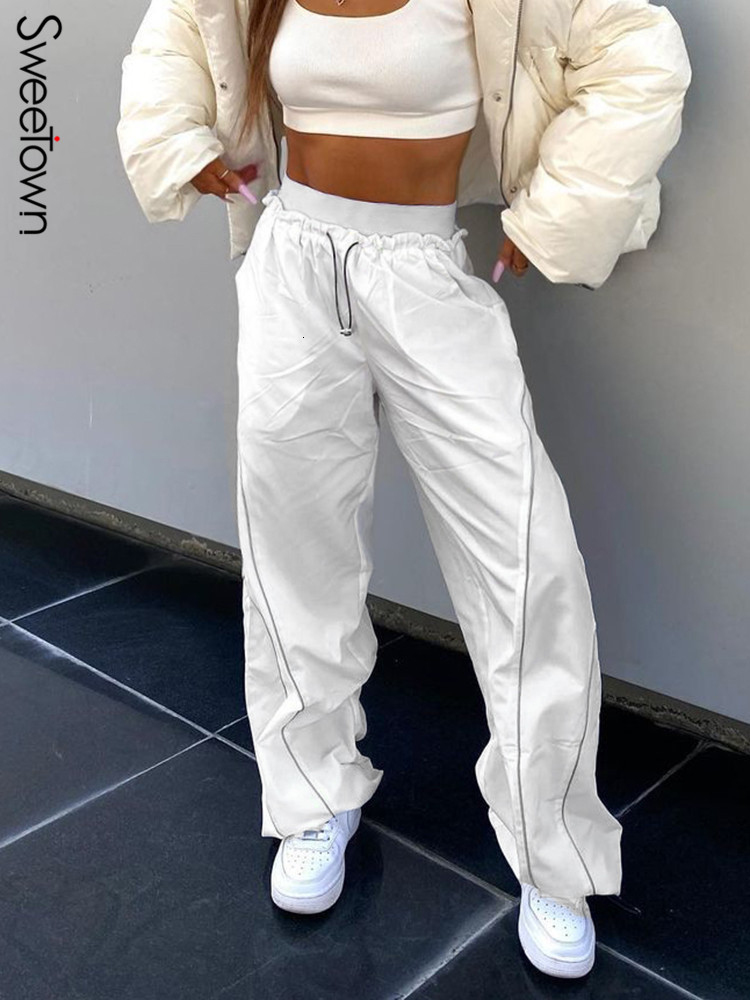Women's Pants Capris Sweetown White Casual Baggy Womens Joggers Sweatpants Contrast Stitching Stripe Drawstring Elastic High Waist Hippie Harem P