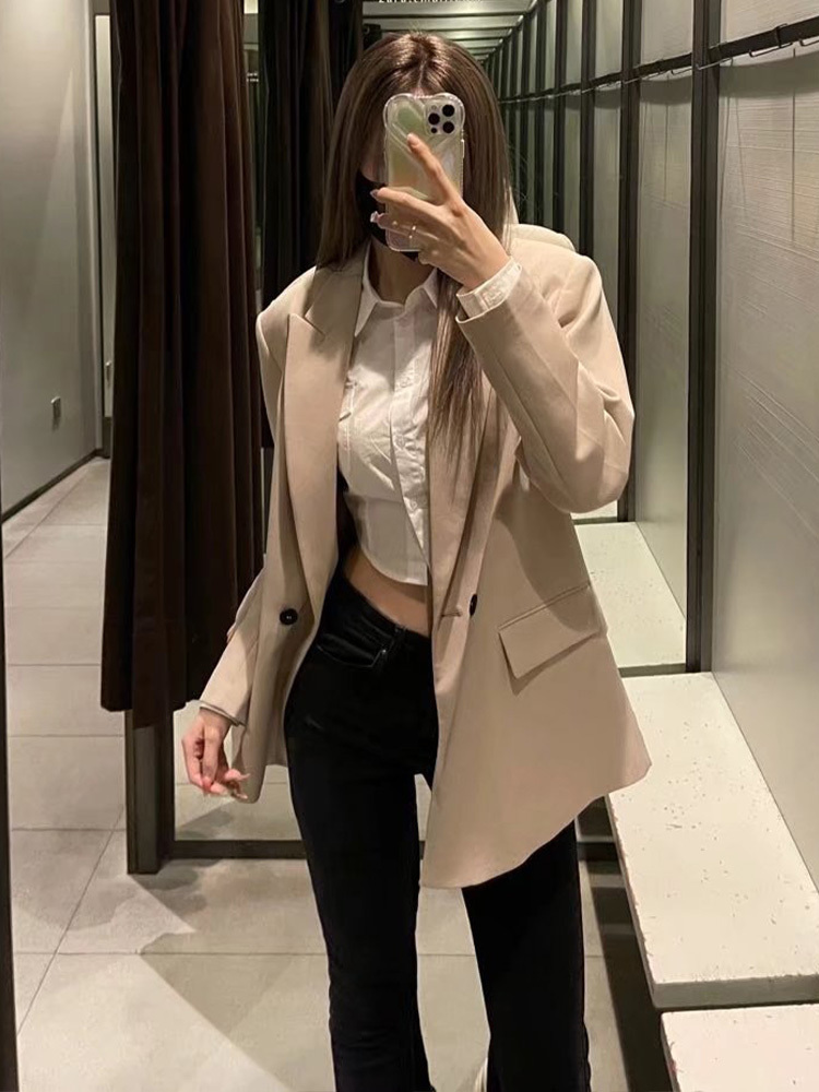 Women's Suits Blazer Fashion Double Breasted Plus Size Coat Vintage Long Sleeve Pockets Female Outerwear Chic 230321