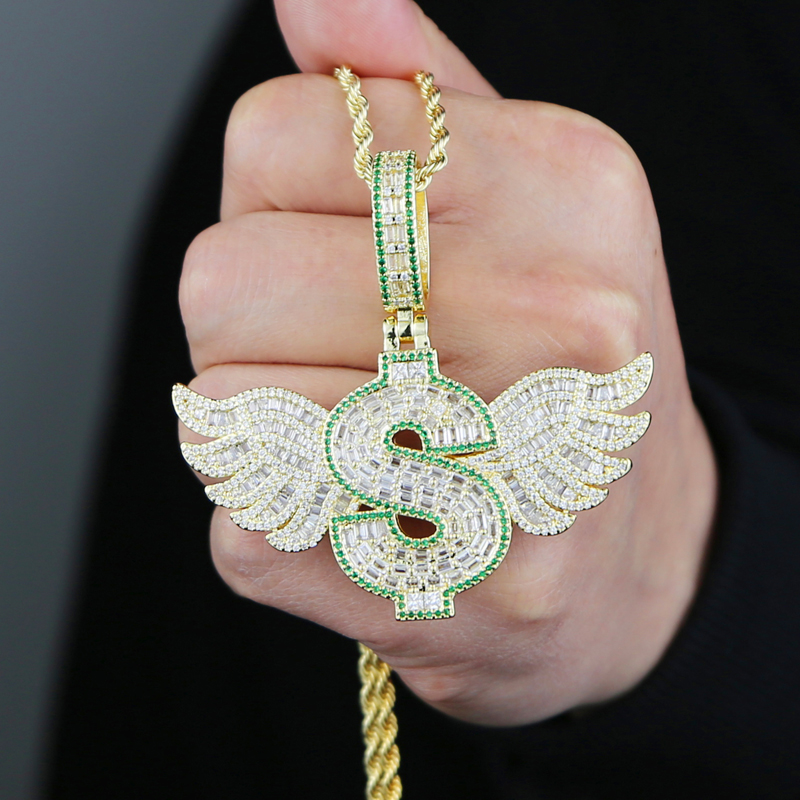 New Iced Out Bling Letter Dollar Symbol Pendant Necklace Gold Plated CZ Cubic Zirconia Wings Charm Men Women Hip Hop Jewelry
