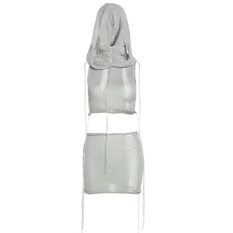 2023 Spring Women's New Hollow Knitted Hooded Top High Waist Wrapped Hip Short Skirt Set Women