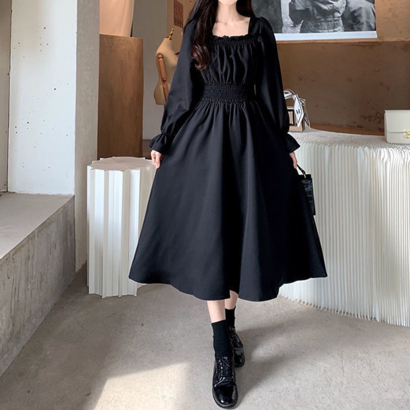 Casual Dresses Black Elegant Dress Women Vintage Long Sleeve Spring Autumn Dresses Square Collar Oversize Loose Casual Robe Streetwear 230321