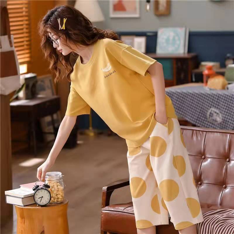 Women's Sleepwear Cotton Pajamas Women's Summer Short Sleeves Shorts Thin Suits Women's Cartoon Round Neck Loungewear Kawaii Pajamas Pl