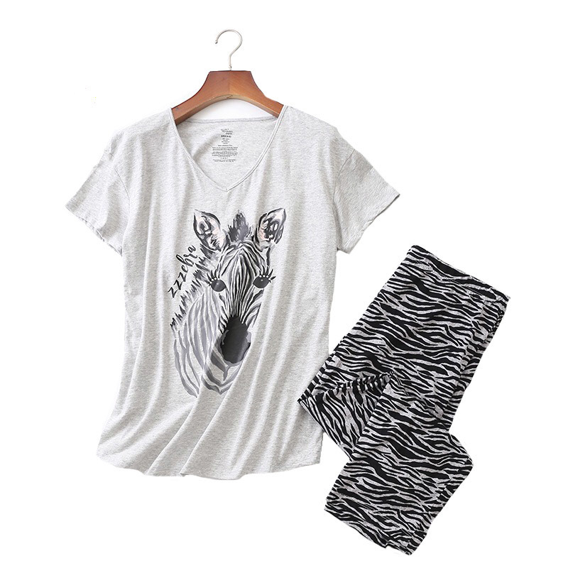 Women's Sleepwear Ladies Pajamas Set Summer/Spring Cartoon Zebra Printed Sleepwear V-Neck TopPants 2Pcs Korean Style Thin Large Size Homewear 230