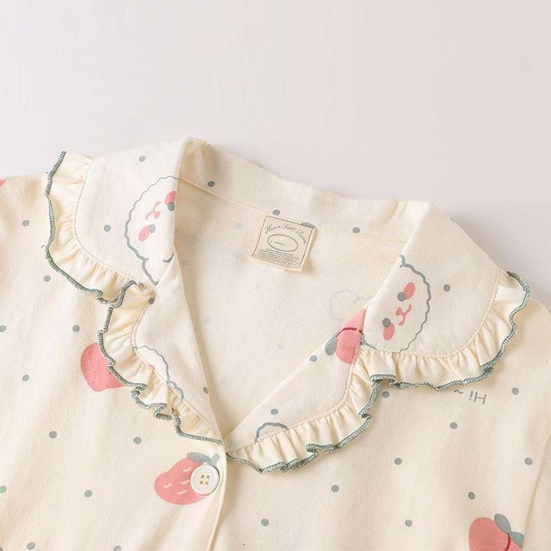 Women's Sleepwear Women Printing Pajama Sets Ruffles Sweet Long Sleeve Turn Down Collar Sleepwear Lounge Spring Cute Cartoon Pyjamas 2 Pcs Kawaii