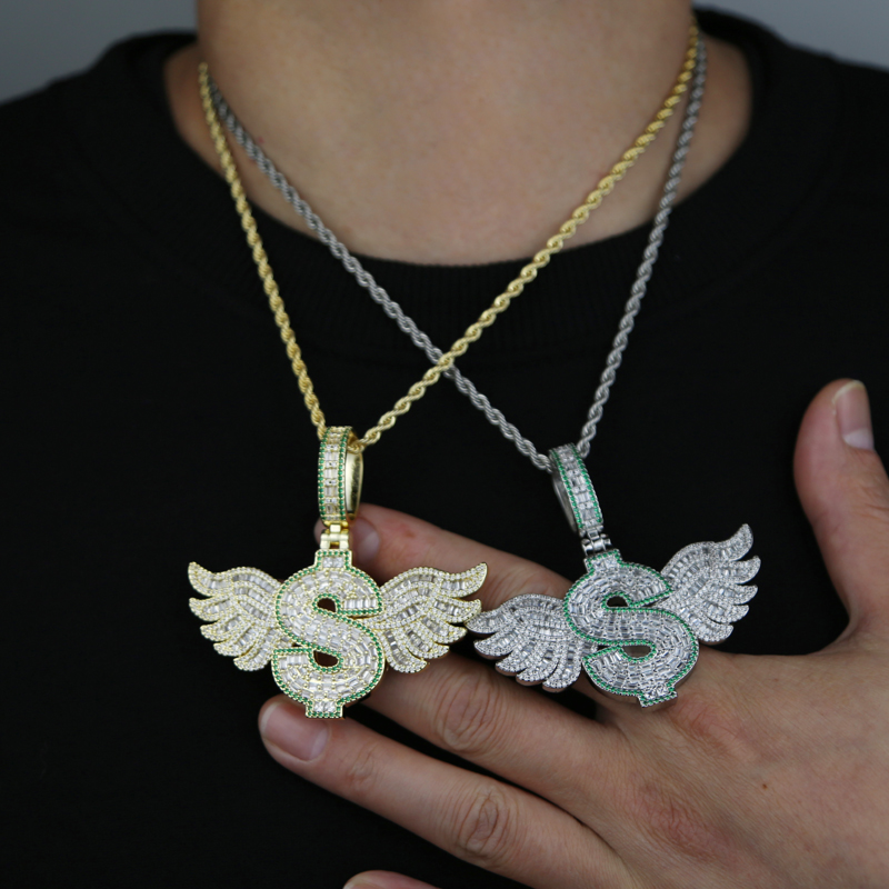 New Iced Out Bling Letter Dollar Symbol Pendant Necklace Gold Plated CZ Cubic Zirconia Wings Charm Men Women Hip Hop Jewelry